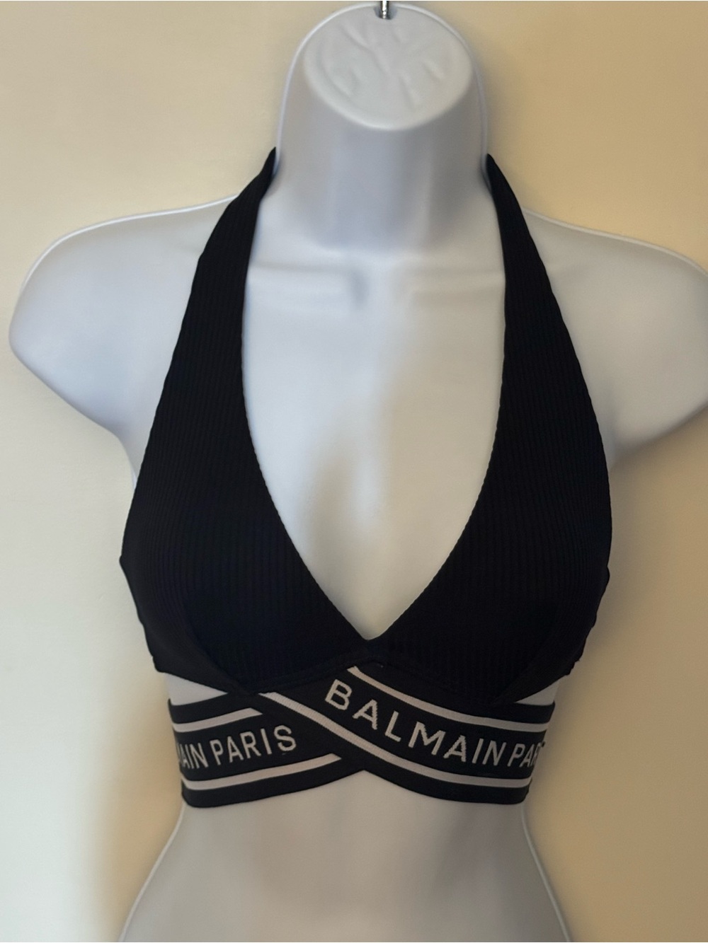 Balmain Black Ribbed Halter Bikini top fit Xs
